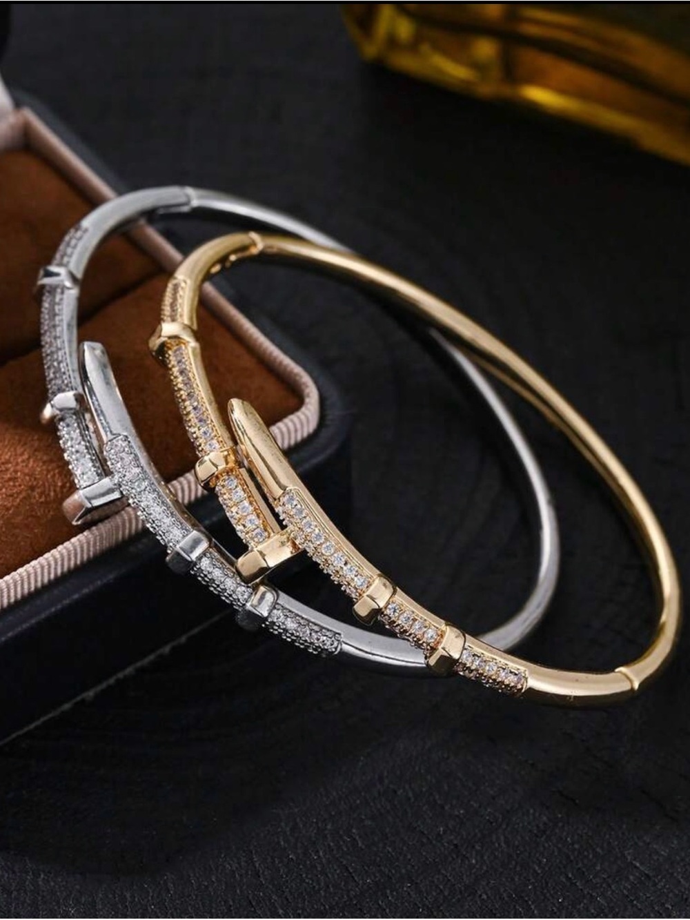 Cartier Inspired Gold and Silver Pave Bar Bangle Bracelets